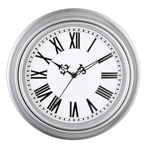 Image of Plumeet Retro Wall Clock, 12'' Non Ticking Classic Silent Vintage Wall Clocks Decorative Kitchen Living Room Bedroom, Roman Numerals, Battery Operated, Silver