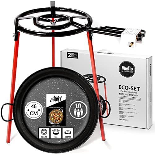 Image of Alises - Paella Cooking Set (Eco-Set) with Enamelled Steel Paella Pan (46cm) - Double Gas Burner (40cm) and Tripod