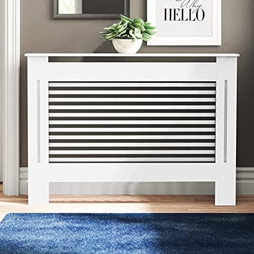 Image of FATIVO High Radiator Cover Wood Cabinet: External 92cm Height White Medium Heater Covers Internal Heights 90cm Horizontal Slats Modern Tall Radiator Shelf Thicken MDF Wooden Kitchen Bedroom