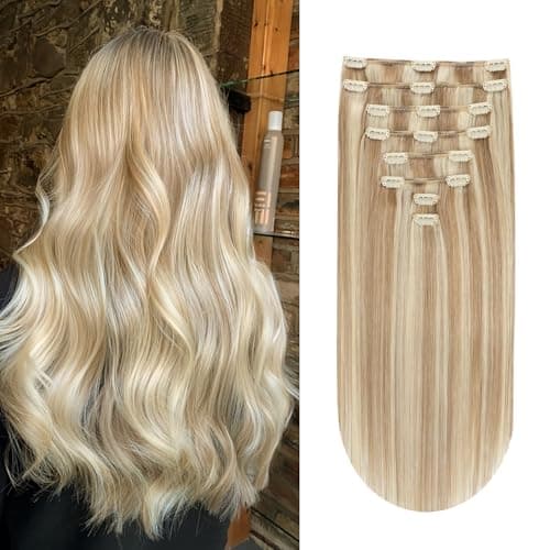Image of Yilite Blonde Clip in Hair Extensions Real extensions Clip in Human Hair Straight Remy Ash Blonde with Highlights Full Head Double Weft #P18/613 18 inch 120g 8Pcs