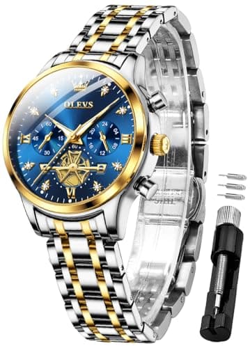 Image of OLEVS Womens Watches Chronograph Luxury Diamond Dress Quartz Wrist Watches Stainless Steel Waterproof Luminous, 2897:Two tone band & Blue dial, L