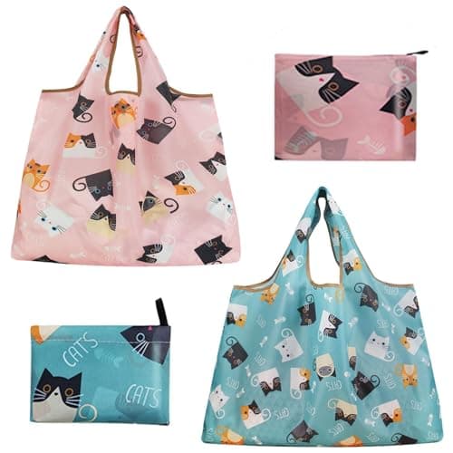 Image of aiyraa 2 Pcs Foldable Shopping Bags for Women, Reusable Cat Tote Bag in Blue Pink, Waterproof Canvas Grocery Bags in Pouch for Travel, Picnic, Daily Use, Lightweight Foldaway Shopping Bags Large