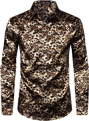 Image of PARKLEES Men's Hipster Leopard Printed Silk Like Satin Button Up Dress Shirt for Party Prom Brown L