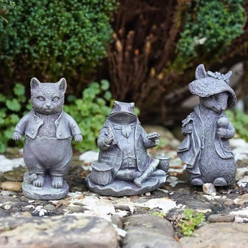 Image of Beatrix Potter Set of 3 Resin Figurines | Ben Bunny + Tom Kitten + Mr Fisher Statues | Bronze Vintage Style Peter Rabbit Garden Ornaments & Home Décor | Weatherproof |