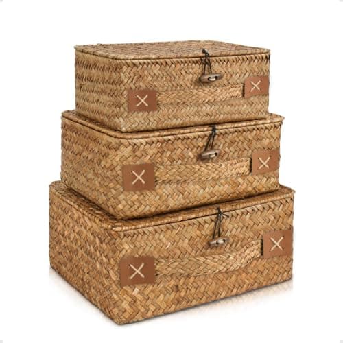 Image of HUALIANG Rattan Storage Basket with Lid, 3 Pieces Wicker Storage Baskets with lids,Seagrass Braided Shelf Baskets, Multifunctional Storage Box for shelves for Toys, Cosmetics, Bathroom,Toilet Paper