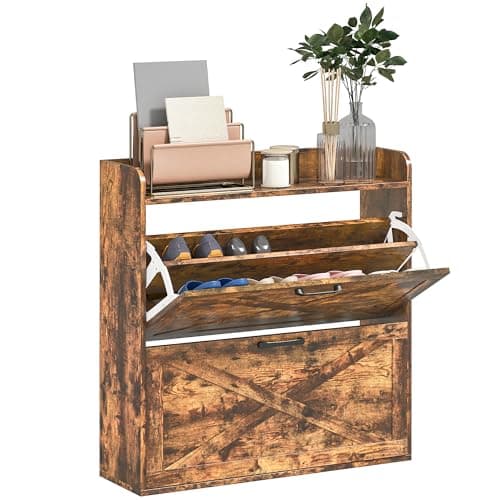 Image of HOMCOM 2 Drawer Narrow Shoe Cabinet, Farmhouse Slim Shoe Storage Cabinet Cupboard with Adjustable Shelves and Barn Door Design for Entryway, Hallway, Rustic Brown