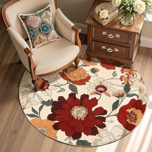 Image of TOPICK Round Rug 120cm Floral Beige Soft Rug Washable Vintage Oriental Flower Print Indoor Non Slip Circle Carpet for Bedroom Entryway Living Room Dining Room Office