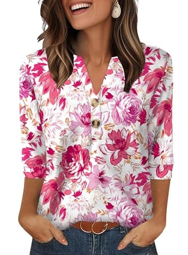 Image of Aokosor Womens 3/4 Sleeve Tops Ladies Blouse V Neck Tunic Long Sleeve T Shirts Curved Hem Office Wear Red Flora Top Plus Size 22-24 for UK