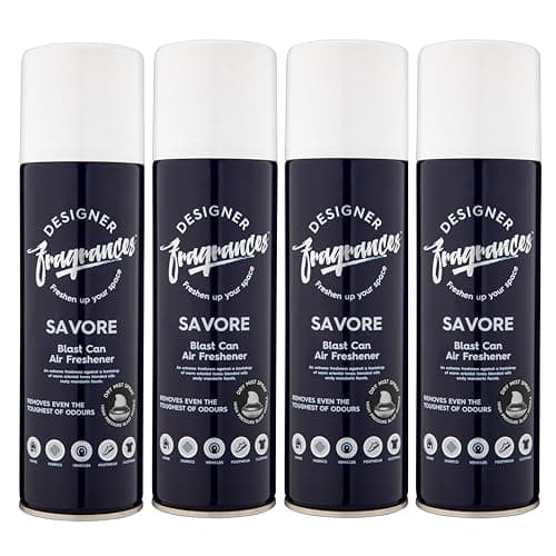 Image of Designer Fragrances 4 Pack Savore Air Freshener Blast Cans - For Home & Vehicles – Natural Oils, Luxury Lasting Smell, Dry Mist Quick Release Spray – Deodorise & Neutralise Odours – 300ml