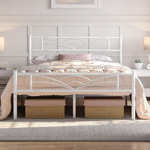 Image of Yaheetech 4ft6 Double Bed Metal Platform Bed Frame with Cloud-inspired Design Headboard and Metal Bed Slats, Ample Under-bed Storage White
