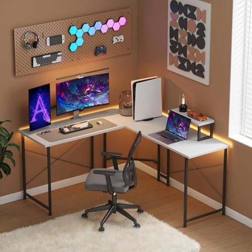 Image of CAIYUN Corner Desk, 50" L Shaped Gaming Desk with Removable Monitor Stand, Computer Desk for Home Office, Metal Frame, White