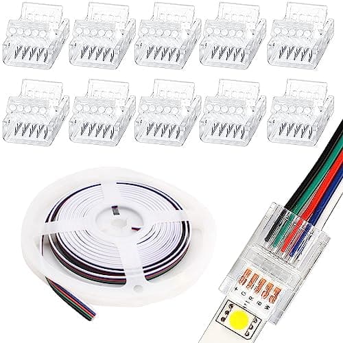 Image of RUNCCI-YUN 10 Pcs LED Light Connector 5Pin 12mm LED Strip Connector Solderless with 16.4ft DC 12V led Wire for Waterproof or Non-Waterproof 12mm Wide RGBW RGBWW LED Strip Lights