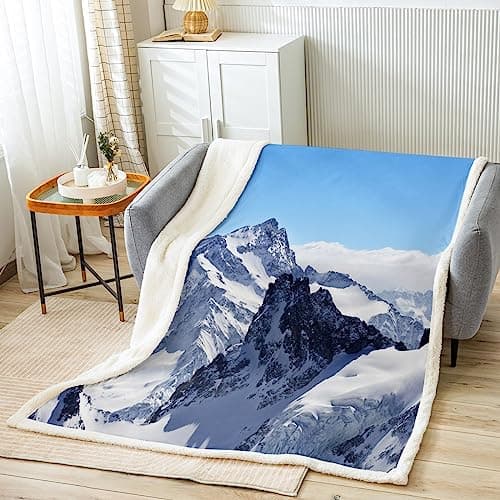 Image of Homemissing Snow Mountain Sherpa Blanket Snow Scenery Fleece Throw Blanket for Bed Sofa Kids Nature Plush Blanket Utra Soft Winter Fuzzy Blanket Bedroom Flannal Blanket Double 60x79 Inch