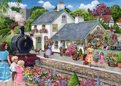 Image of Ravensburger Whistle Stop Cottage 1000 Piece Jigsaw Puzzle – Debbie Cook Countryside Steam Train Scene for Adults & Families,
