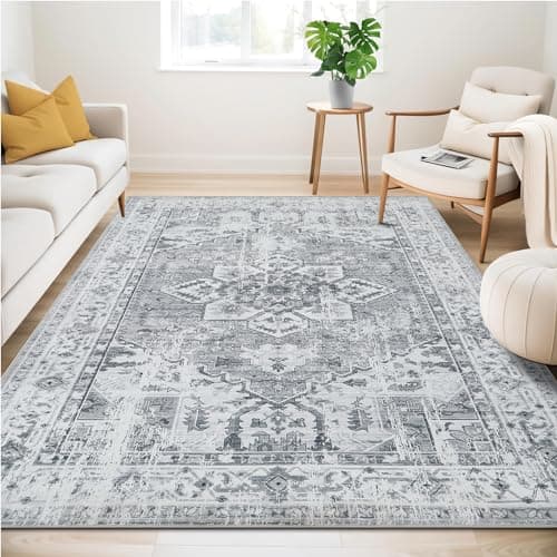 Image of Guchuang Bedding Washable Rugs Living Room Area Rugs Grey Vintage Boho Rugs Large Non Slip Carpet Moroccan Short Pile Rug for Bedroom Dining Room Kitchen Soft Faux Wool Rug 160x230cm