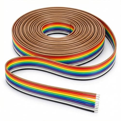 Image of QWORK® Flat Ribbon Cable 10 Pin Rainbow IDC Wire Jumper Wire 1.27mm Pitch for 2.54mm Pin Header Connector, 6 Meters