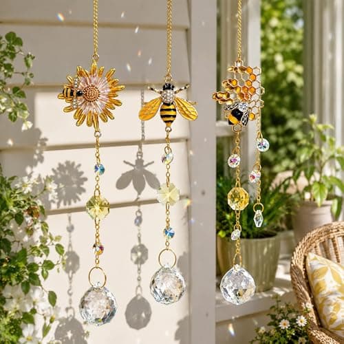 Image of H&D HYALINE & DORA 3 Pack Sun Catcher Crystal Honeycomb Bee Ornaments Crystals Bumble Bee Honeycomb with Glass Prisms Decor Garden Suncatcher Window Hanging Gifts for Women,Bee Lovers