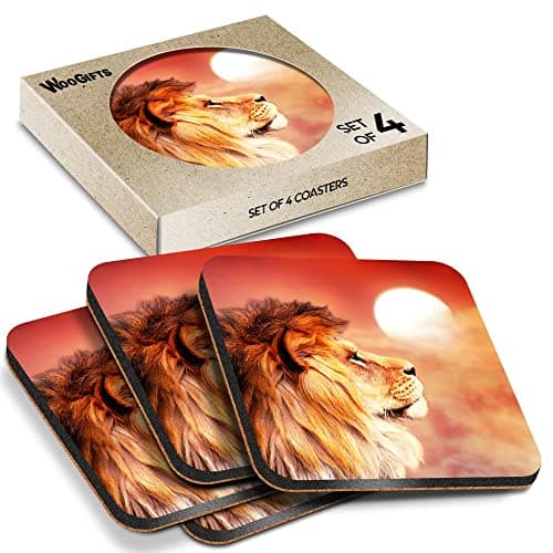 Image of 4 x Square Coasters - African Lion Savannah Landscape King Sunset Cork Backed MDF Glossy Tea Coffee Accessory #50050
