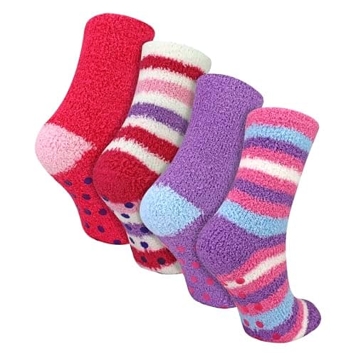 Image of 4 Pairs Girls Warm Fluffy Bed Non Slip Socks | Stripes, Spots & Hearts Patterned Cosy Lounge Socks For Kids (2-3 Years, Plain & Stripes)