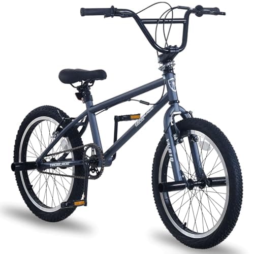 Image of LSBIKE 20 Inch BMX Bike Freestyle BMX Bicycle with Black Steel Frame, 360° Rotatable Handlebar, Front & Rear Pegs, Aluminium Rims, Dual Brakes, for Teens & Adults (Grey)