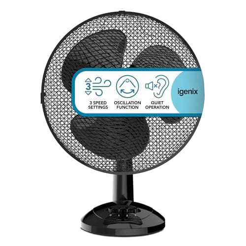 Image of Igenix DF1210 12” Portable Desk Fan – 3 Speed Settings, Quiet Oscillating Airflow, Compact Desktop or Bedside Cooling – Ideal for Home & Office – Black