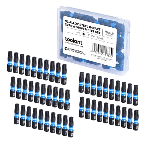 Image of Toolant 1' Impact Torx Bits 50 Pack (T30), 1/4' Hex-Shank S2 Steel Screwdriving Star Bits, CNC Machined Tips, with Storage Box