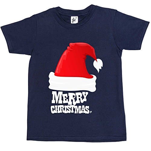 Image of Fancy A Snuggle Big Red Santa Hat with Ball On End Merry Christmas Kids Boys/Girls T-Shirt Navy Blue 3-4 Year Old