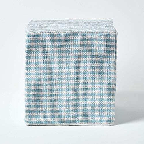 Image of HOMESCAPES Blue Cube Cotton Gingham Check Pouffe - 36 x 36 x 38 cm