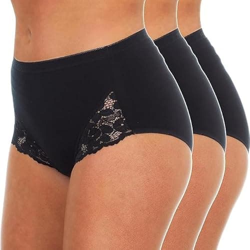 Image of reshmena® 3 Lace Brief Women Maxi Bikini Briefs with Lace High Waist Cotton Breathable Romance Knickers Underwear Comfort Ladies Lingerie Panties Black, Size 14