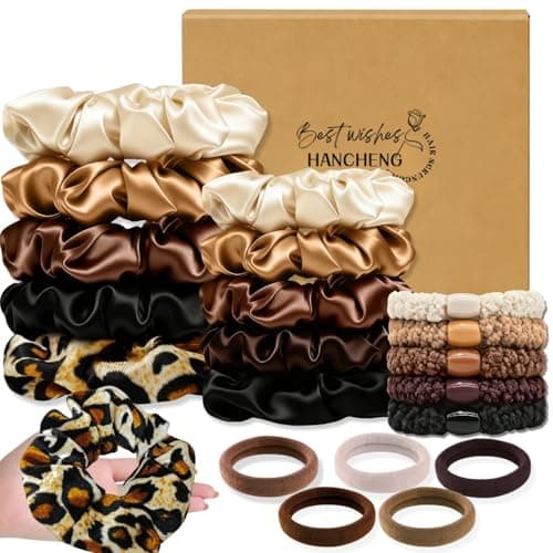 Image of 20 Pcs Hair Scrunchies for Women,1 Leopard Print Hair Ties,9 Silk Scrunchies and 10 Small Elastic Bands,Ponytail Holders(Brown Series)