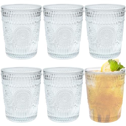 Image of Roellgs 6Pack Vintage Drinking Glassware, Romantic Water Juice Glass Tumbler Cup, Clear Stackable Coffee Cocktail Bar Drinkware for Beverages, Tea, Milk, Yogurt, Whiskey, Embossed Floral Pattern