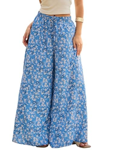 Image of ZANZEA Women's Wide Leg Trousers High Waisted Flowy Floral Palazzo Pants with Pockets Summer Casual Lounge Boho Beach Trousers Floral Blue M