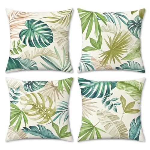 Image of COZZSNUGE Tropical Leaves Cushion Covers Green Yellow Palm Leaf Monstera Outdoor Plant Summer Polyester Decorative Pillowcases for Garden Sofa Bed Home Patio 45 x 45 cm Set of 4
