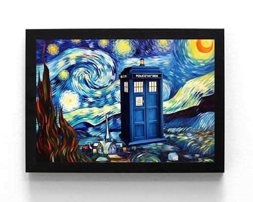 Image of STONE ROSES A5 Framed Doctor Who Police Box 'Starry Starry Night' Van Gogh Style Wall Art Print, Abstract. Gift Idea, Iconic TV Series (framed 21 x 16 x 1 cms)