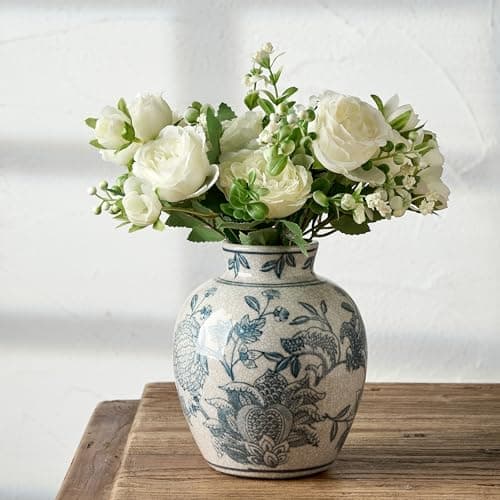Image of Siducal - Chinese Style Floral Ceramic Vase 16.3cm Blue and White Vintage Porcelain Vase Blue and White Retro Crackle for Table Living Room Bathroom Decoration Shelf Decoration