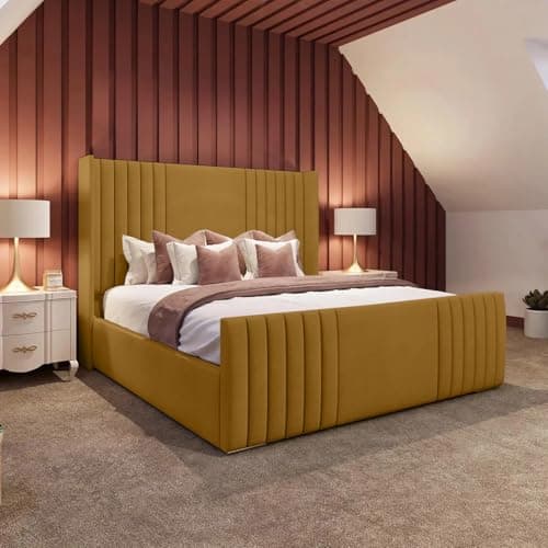 Image of 4FT Small Double Ottoman Storage Luxury Upholstered Winged Bed With Wingback Headboard And Mattress In Plush Velvet Mustard Bed End Lift (Mustard Plush, 4FT Small Double Storage With Mattress)