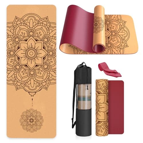 Image of Haninj Cork Yoga Mat Non Slip Unique Design Natural Cork Tpe Material Fitness Exercise Mat with Carry Bag and Strap For Home, Pilates,Aerobic,Gym & Workout 72 X 24 (Red-Mandala)