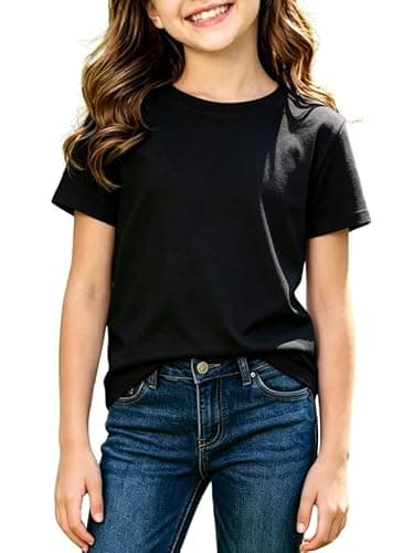 Image of Essentia Topia Girls Premium 180gsm Cotton Rich T-Shirt, Kids Short Sleeve Basic Tee for School PE & Everyday Wear, Soft Feel Midweight Summer Top 9-10 Years Black