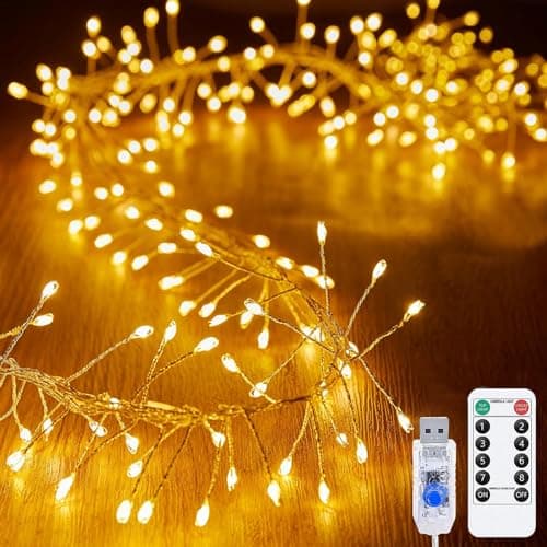 Image of KINGCOO Cluster Fairy Lights with Remote, Waterproof 200LED Silver Wire Firecracker String Lights USB Powered for Outdoor Indoor Bedroom Window Wedding Christmas Party Decoration(19.6FT Warm White)