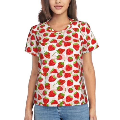 Image of KLJnmbb Strawberry Print Casual T Shirt for Women Classic Short Sleeve Tee Soft Suitable for Work Office