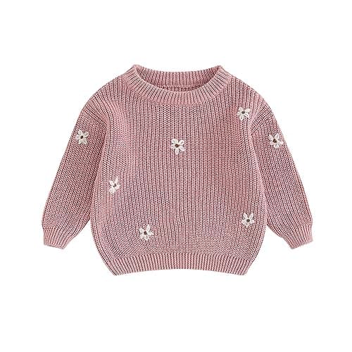 Image of LYSINK Baby Girl Fall Sweater Floral Letter Embroidery Long Sleeve Round Neck Chunky Knitwear Fall Winter Warm Pullover Top (Bc Rose Pink, 0-3 Months)