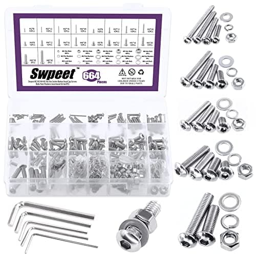 Image of Swpeet 664Pcs M2 M3 M4 M5 M6 Metric 304 Stainless Steel Button Head Hex Socket Head Cap Bolts Screws Nuts and Hex Nuts with Flat Washers and Split Lock Washers Assortment Kit, Screws All Included