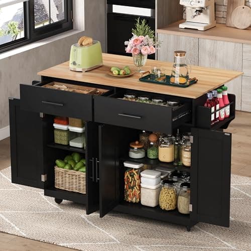 Image of FammyLoft Kitchen Island on Wheels with Drop Leaf, Rolling Kitchen Trolley Serving Cart with Storage, Interchangeable Wheels & Solid Wood Feet, Mobile Kitchen Table for Dining & Living Room, Black