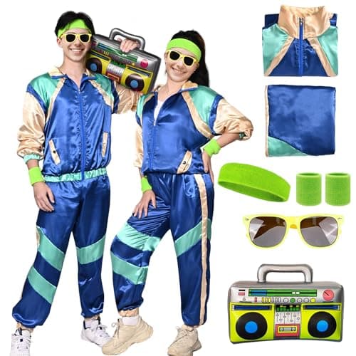 Image of HarnyLoom 80s 90s Fancy Dress Costume Men Women Adults, Shell Suit Rave Tracksuit Retro Outfit Jacket Hip Hop Rapper Disco Accessories Carnival Halloween Party (Blue, L)