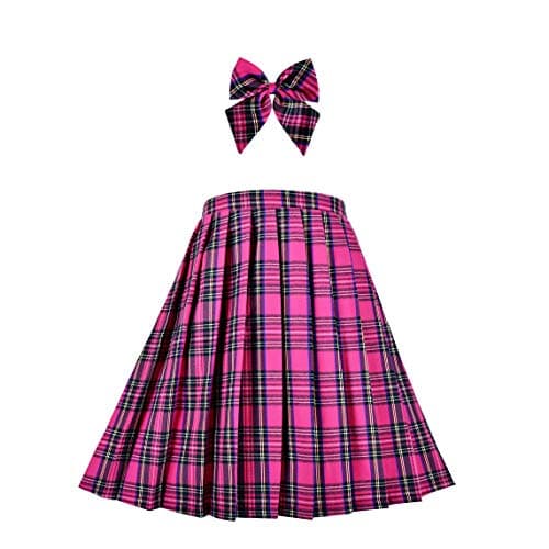 Image of Sunny Fashion Girls Skirt Kids School Uniform Set Pink Tartan Pleated Hem Skirt with Bowtie Age 11-12 Years