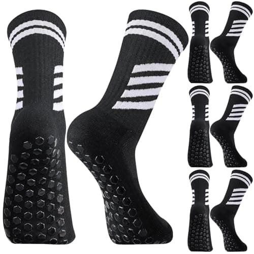 Image of ViEinkaufen 3 Pairs Kids Grip Football Socks Boys Girls, Breathable Black Grip Socks Non Slip Athletic Sock for Football Basketball Rugby Tennis Ages 6-9