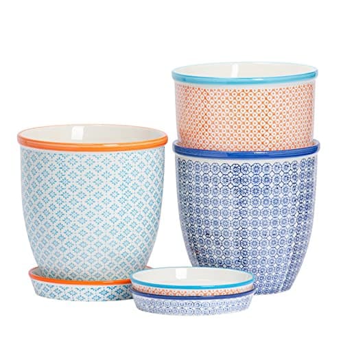 Image of Nicola Spring Patterned Plant Pots with Saucers - 3 Colours - 3 Pack - 20.5cm Porcelain Plant Pots Indoor Ceramic Planter with Drainage Holes and Tray Outdoor Garden Flower Planter