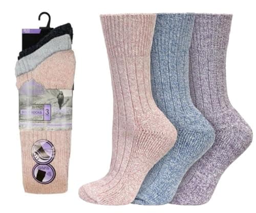 Image of OnlyBee 3 Pairs of Womens Non Elastic Wool Blend Thermal Diabetic Boot Socks Walking Hiking Trekking Thick Warm UK Size 4-8