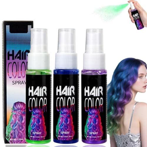 Image of 3 Colors Temporary Hair Colour Spray, Purple Green Blue Hair Spray, Washable One Time Temporary Hair Dye for Kids Adults, Instant Styling Cosplay, Prom, Party, Christmas, Halloween