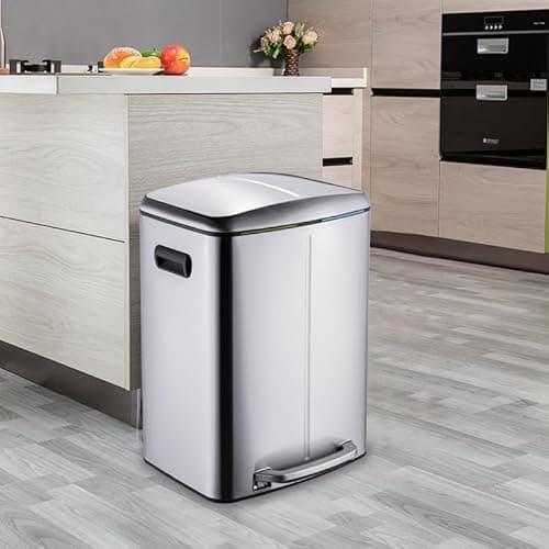 Image of STARNINE 40L Dual Compartment Recycling Bin 2 Section Stainless Steel Kitchen Bin Waste Pedal Dust Bin Soft Closing Lid Finger Print Proof Removable Inner Compartments (Silver)